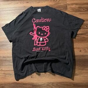 Caution Bad Kitty‎ Graphic T-Shirt Mens XL Gildan Black Punisher Hello